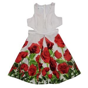 Event Dress Womens M White Floral Sleeveless Low V Neck Cut Out Waist Pleated